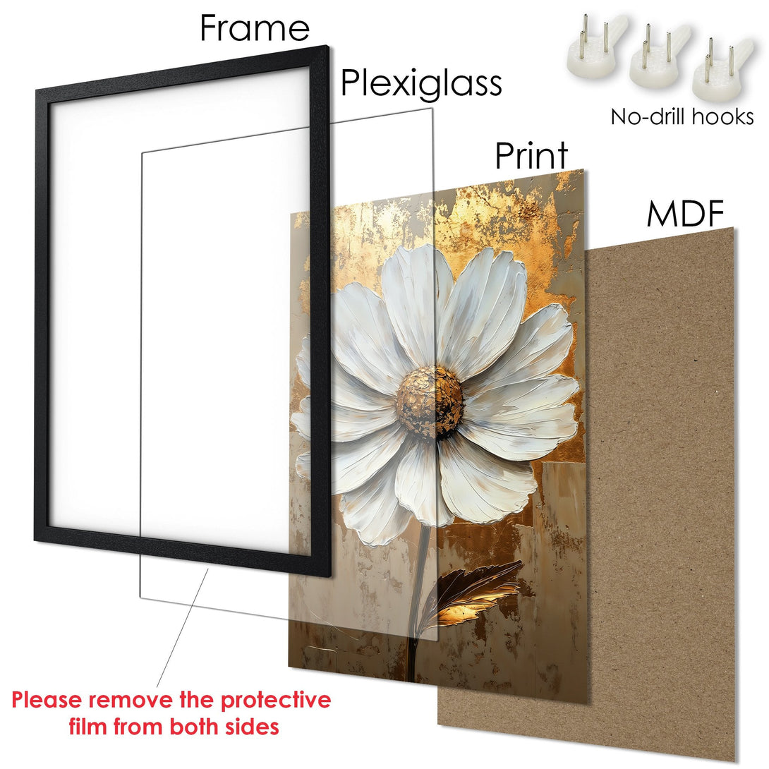 Framed Poster featuring a white flower painting with gold and beige tones. Elegant wall art for your home decor.