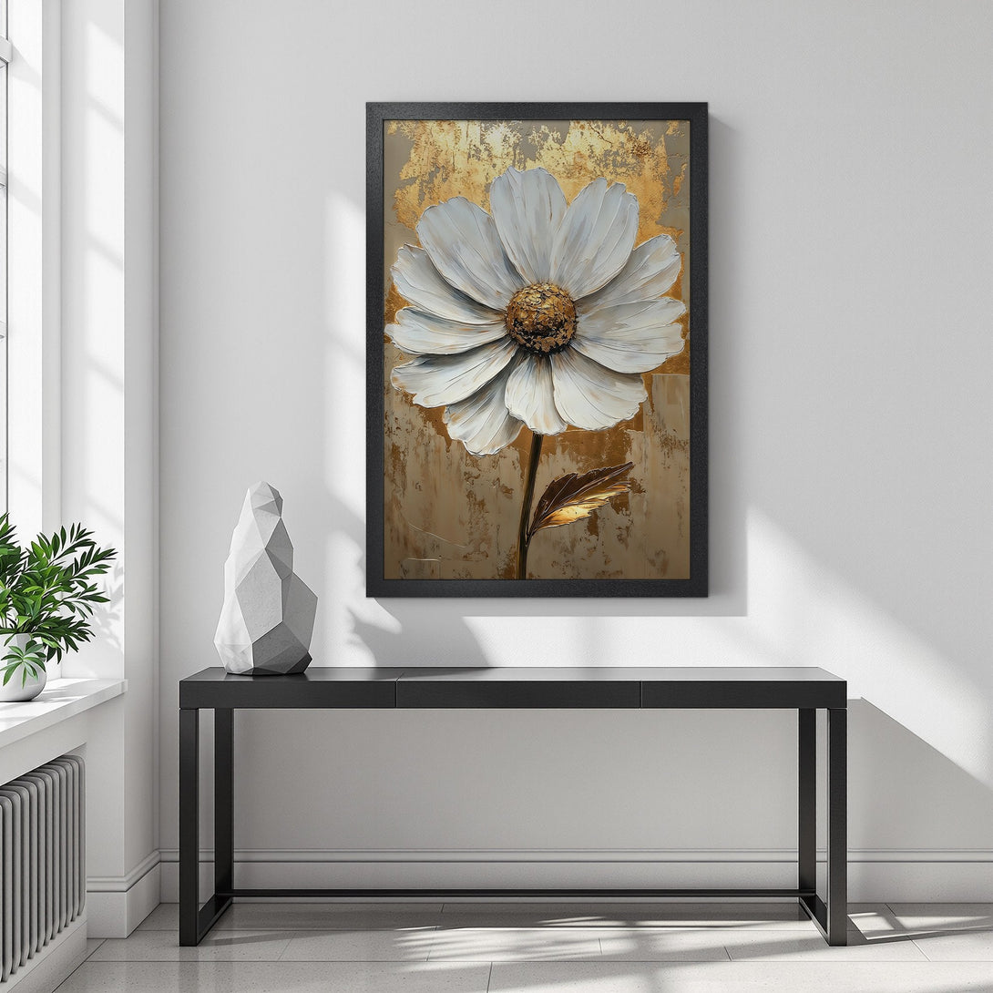 Framed Poster of a white flower in a gold and beige abstract style. Perfect wall art for modern decor.