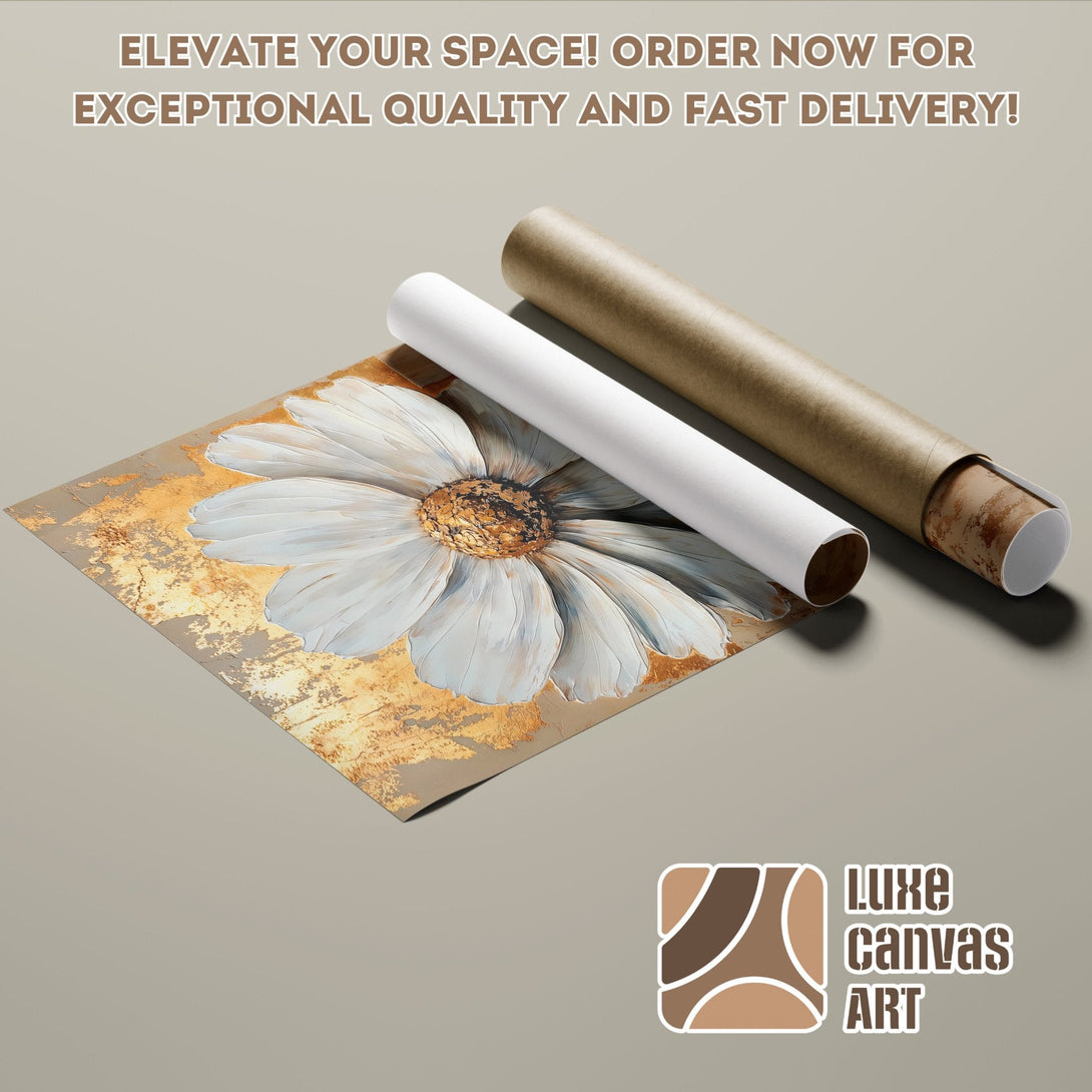 Poster Roll featuring a white daisy with gold accents, neutral palette, perfect wall art.