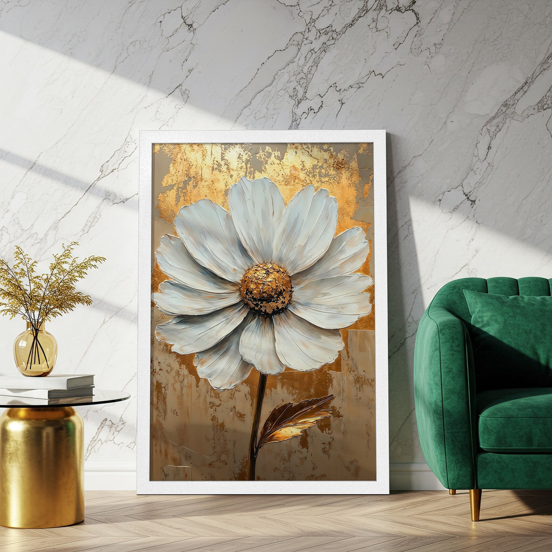 Framed Poster featuring a large white flower with gold accents. Elegant art in neutral & gold palette for stylish decor.