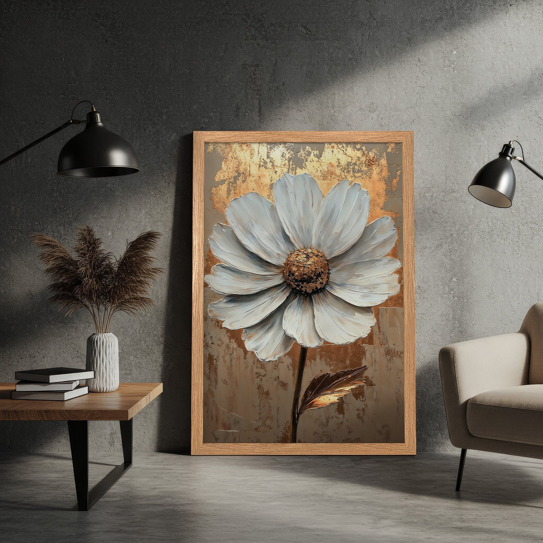 Framed Poster featuring a large white flower, artistic style, with a warm neutral color palette, perfect for home decor.