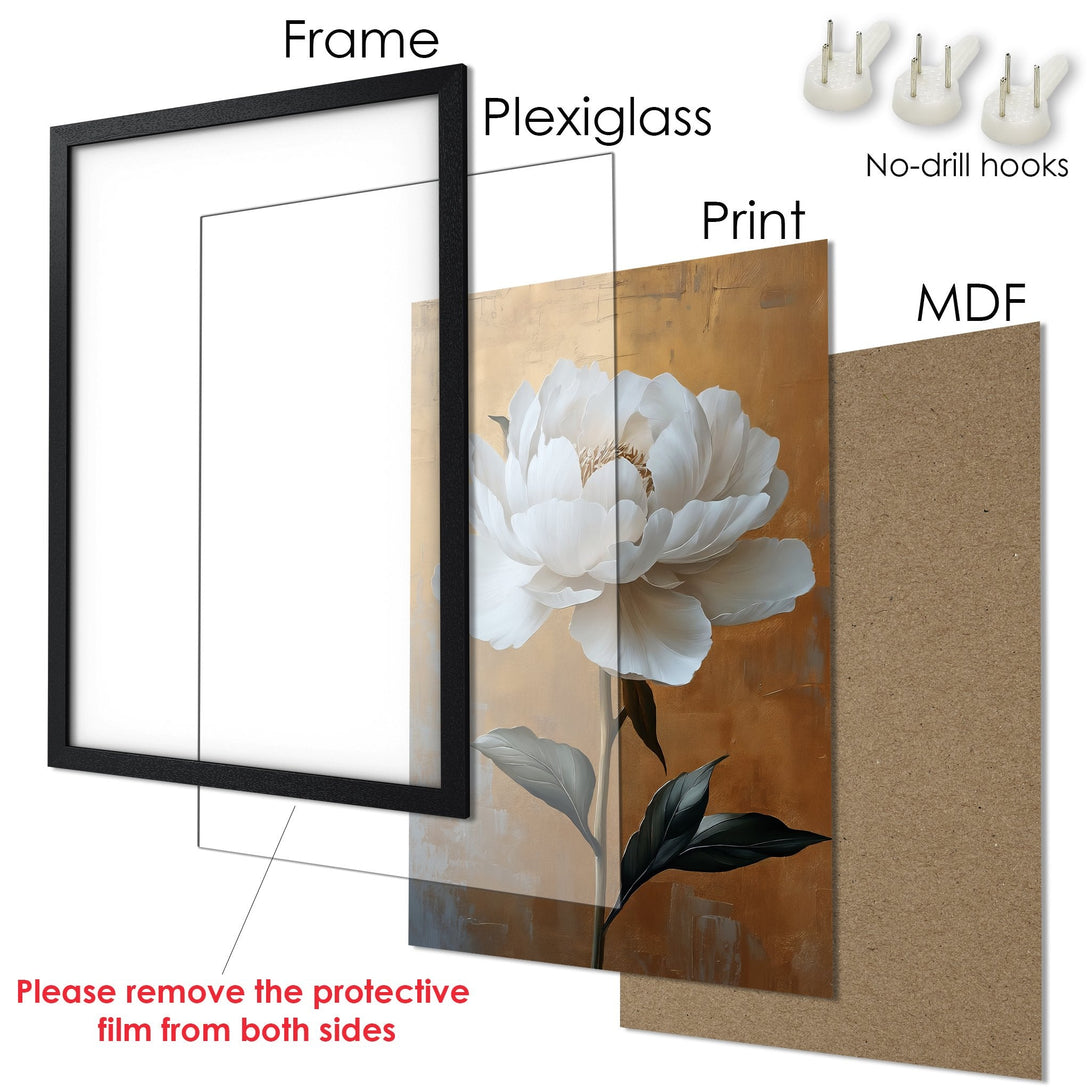 Framed Poster featuring a white floral design on a gold background. Elegant art print with a modern style and warm color palette.