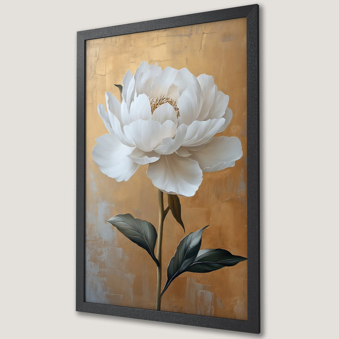 Framed Poster featuring a white peony flower painting with gold and green accents. Modern floral art for home decor.