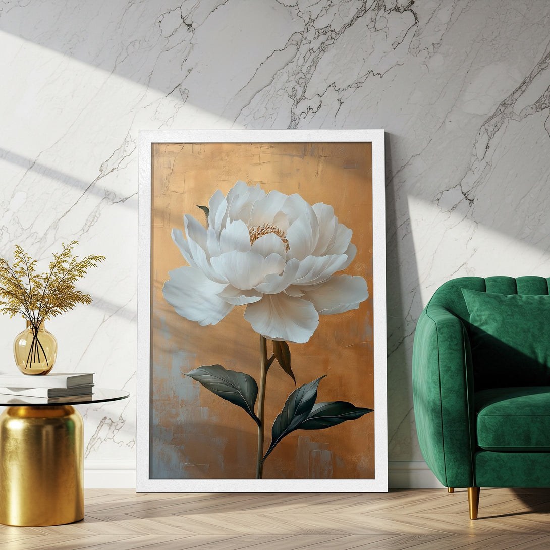 Framed Poster featuring a white peony painting. Modern art style with a warm gold, white, and green color palette. Perfect wall decor!