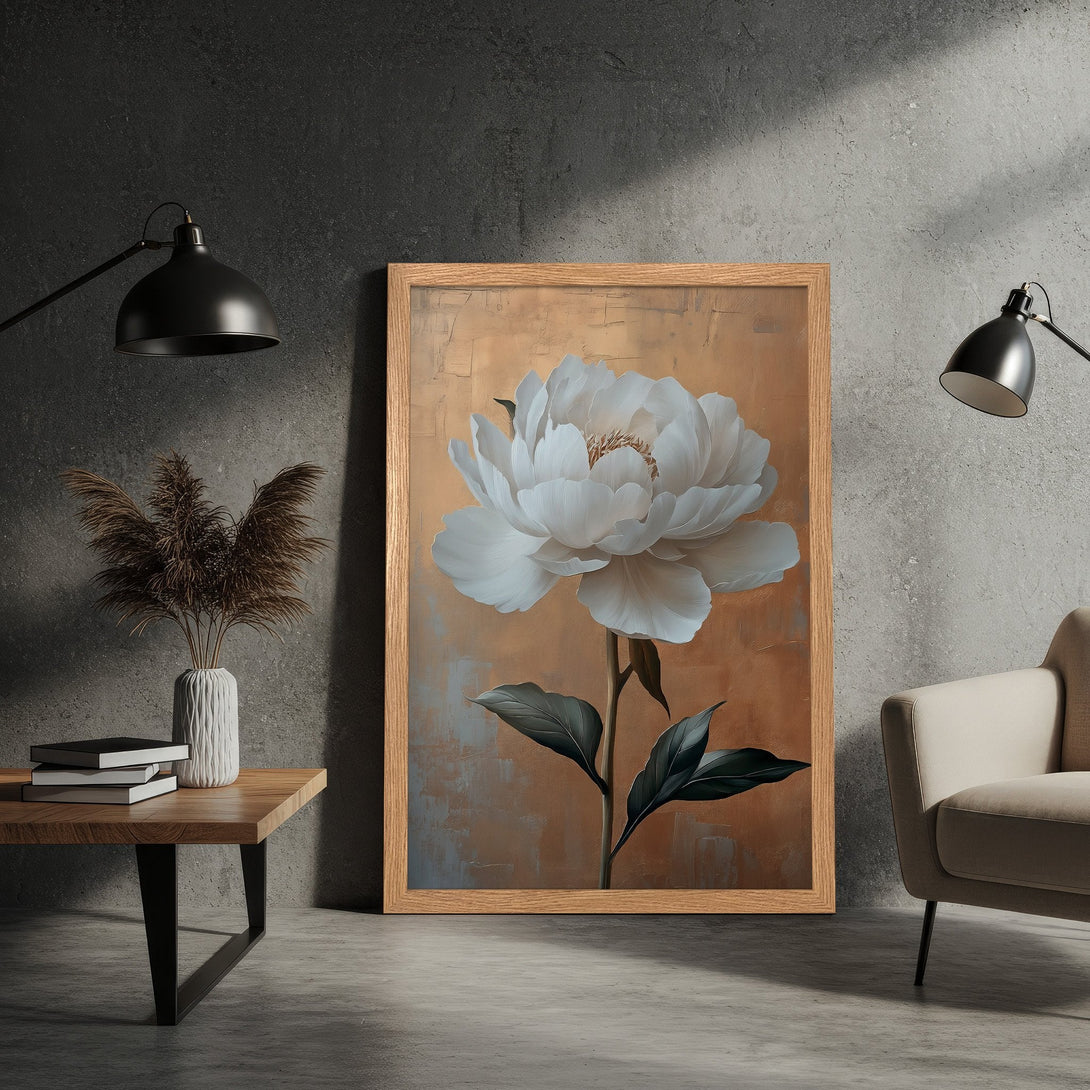 Framed Poster featuring a white peony floral art print. Modern style with a warm, neutral color palette. Perfect wall decor.