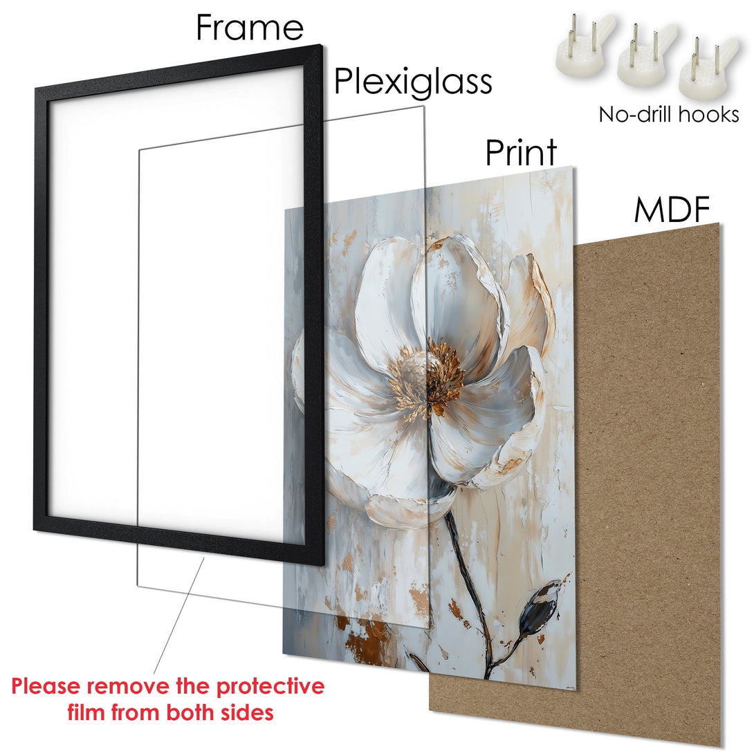 Framed Poster featuring a white floral abstract painting in neutral tones. Perfect wall art for any space.