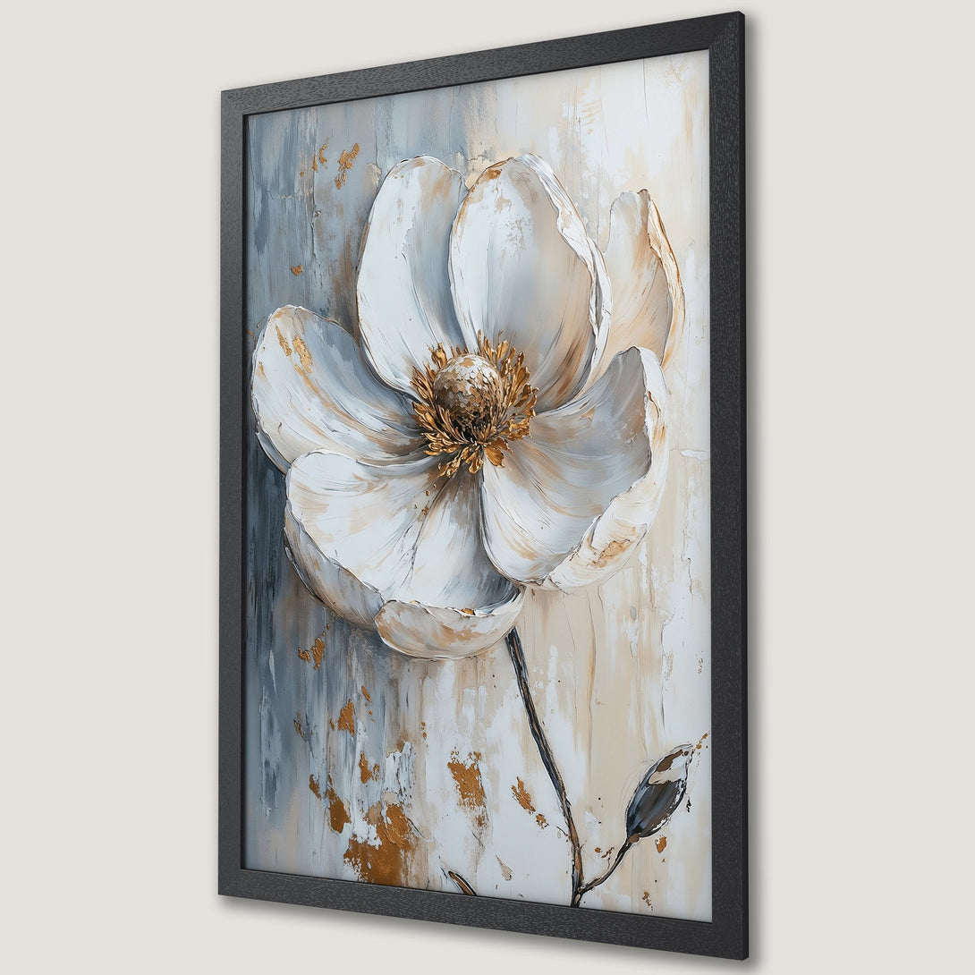 Framed Poster featuring a white floral abstract painting with gold accents on a neutral background. Modern art, elegant decor.