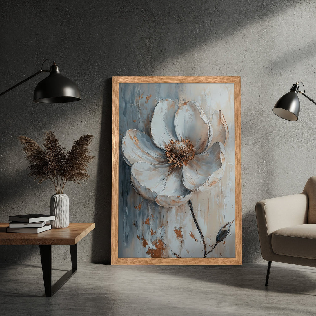 Framed Poster featuring a large, abstract flower in a neutral color palette. Perfect wall art for modern decor.