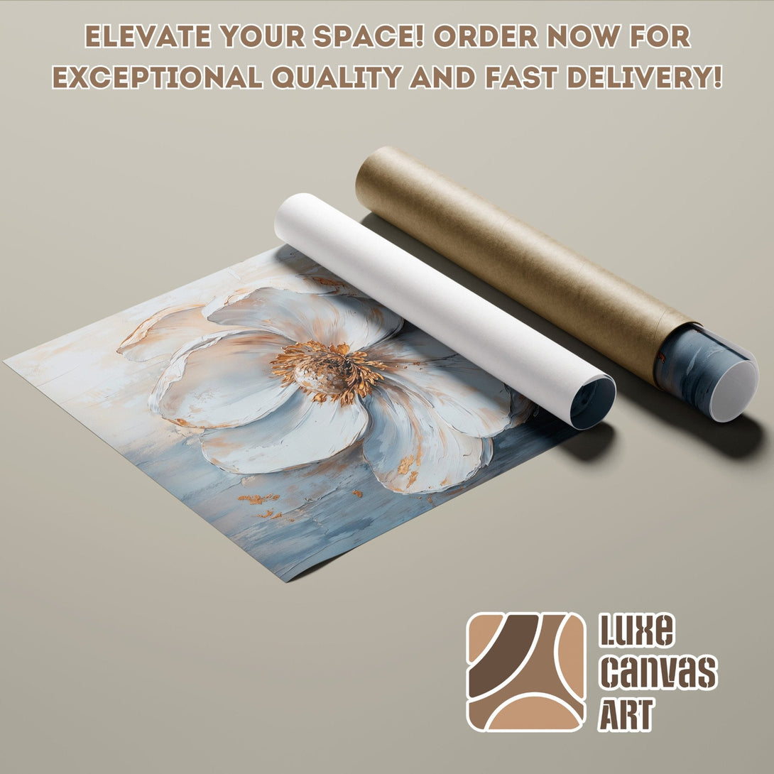 Abstract floral art poster roll in blue, white, and gold tones. Order your poster today!