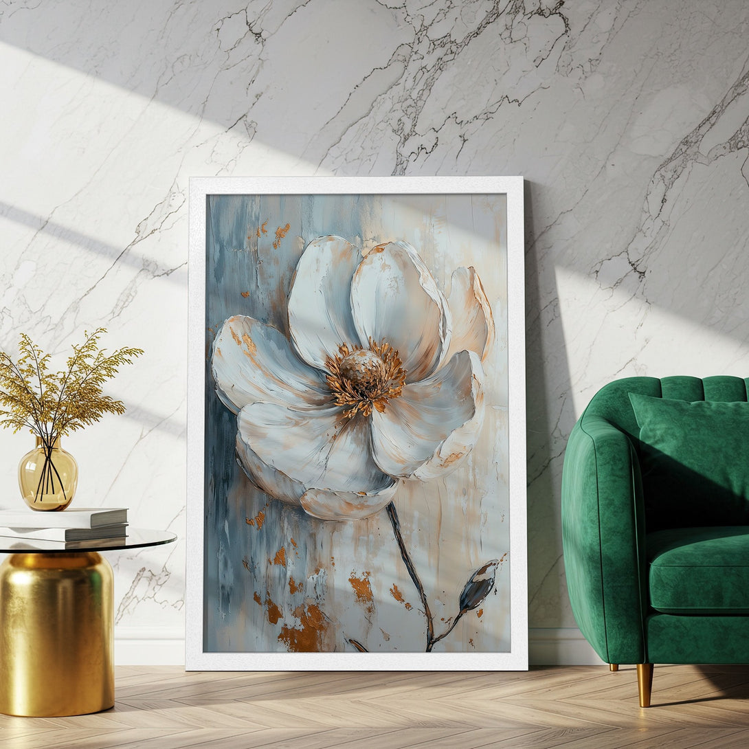 Framed Poster featuring a white flower painting in a modern, textured style. Neutral tones with gold accents create an elegant aesthetic.