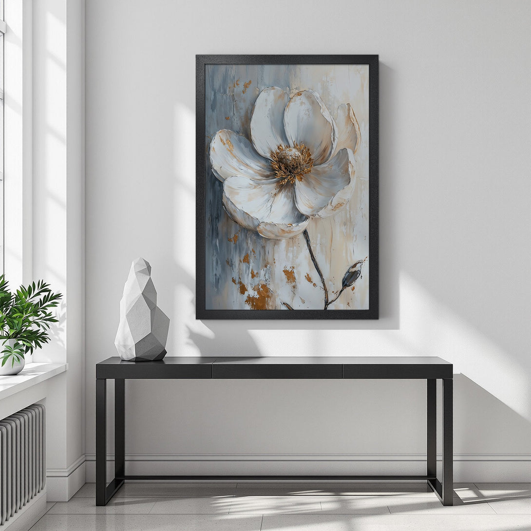 Framed Poster featuring a white floral painting with gold accents. Modern art style, neutral color palette. Perfect wall decor!