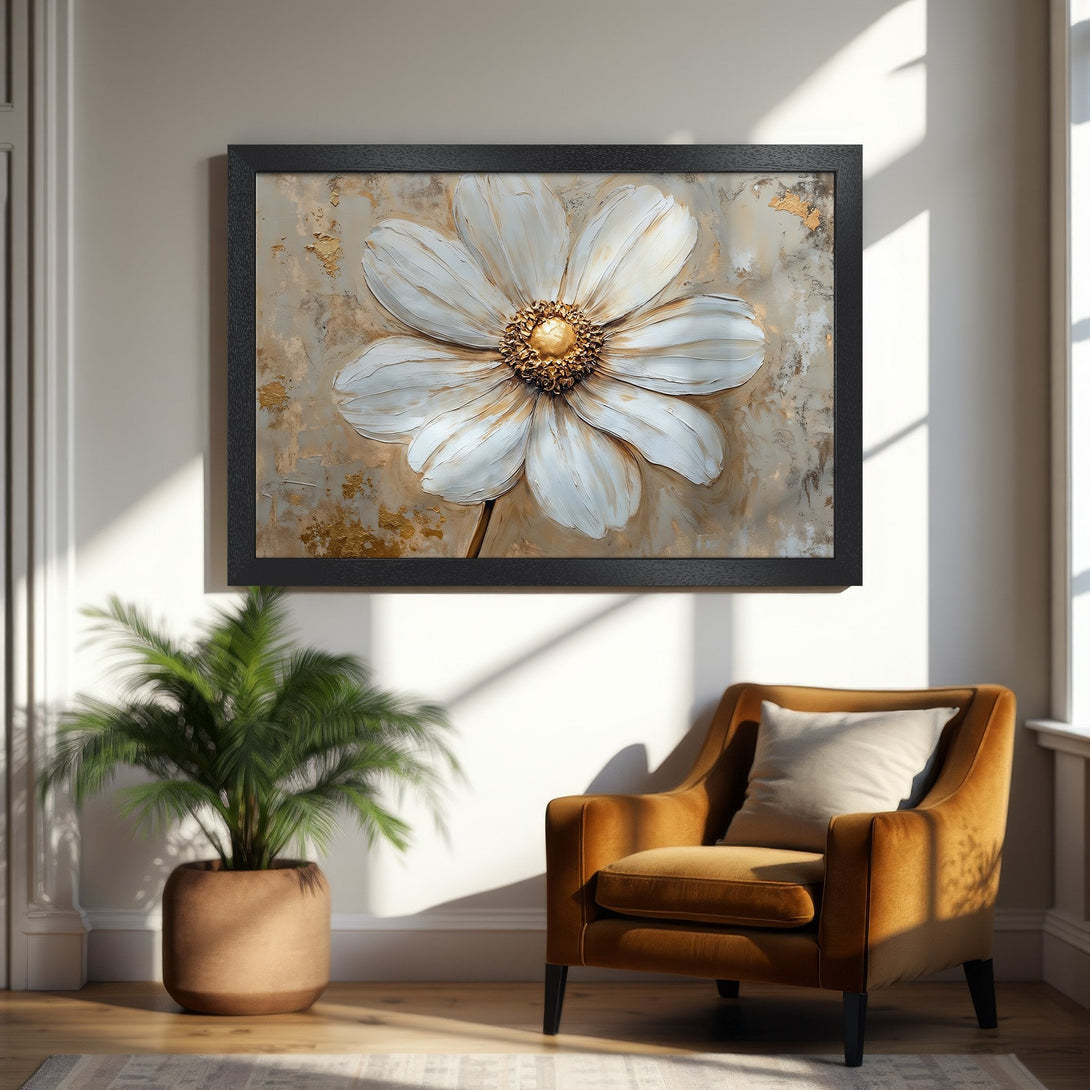 Framed Poster featuring a textured white flower with gold accents. Elegant style, neutral and gold color palette. Perfect wall art.