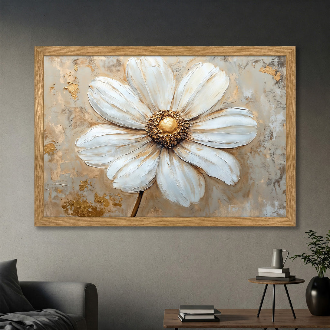 Framed Poster featuring a textured white flower with gold accents, neutral color palette, perfect for modern decor.