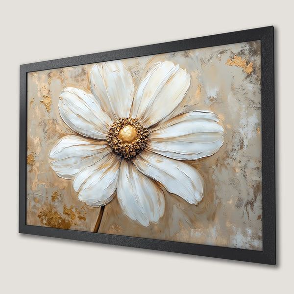 Framed Poster of a white flower with gold accents, abstract style, neutral color palette.
