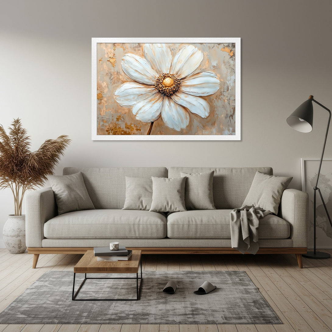 Framed Poster of a white flower in a textured, modern style. Neutral color palette with gold accents. Perfect wall art.