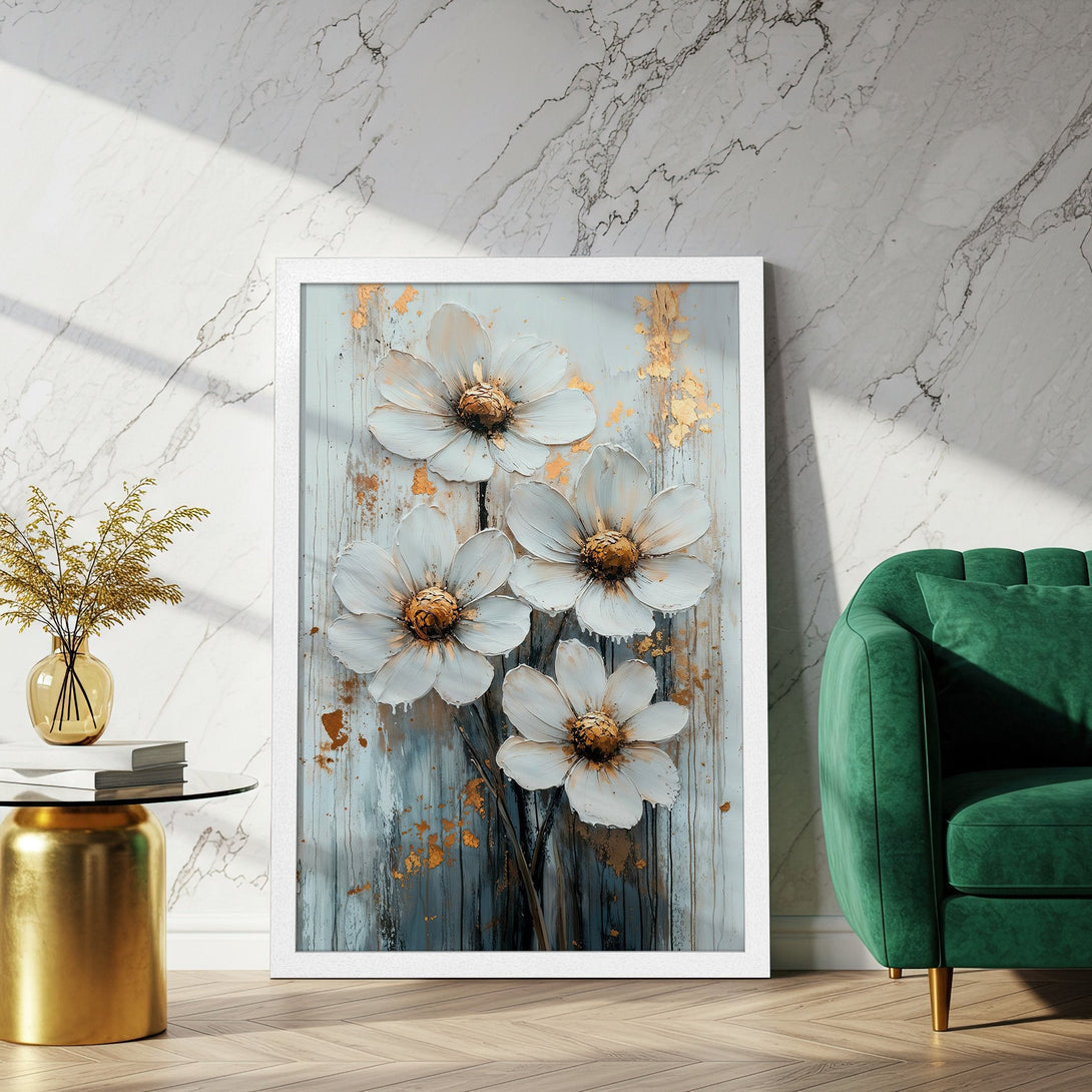 Framed Poster featuring white flower art with gold accents. Modern style, serene blue, gold, and white color palette. Enhance your decor!