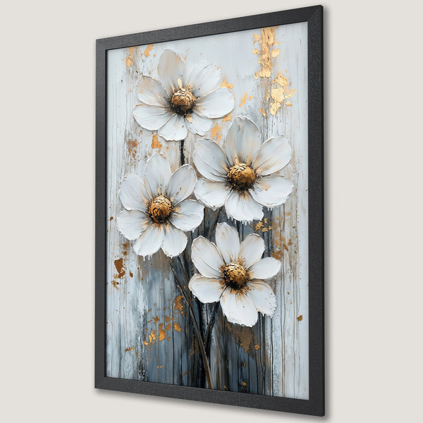 Framed Poster featuring white flower art with gold accents on a textured background, elegant and modern style, neutral color palette.