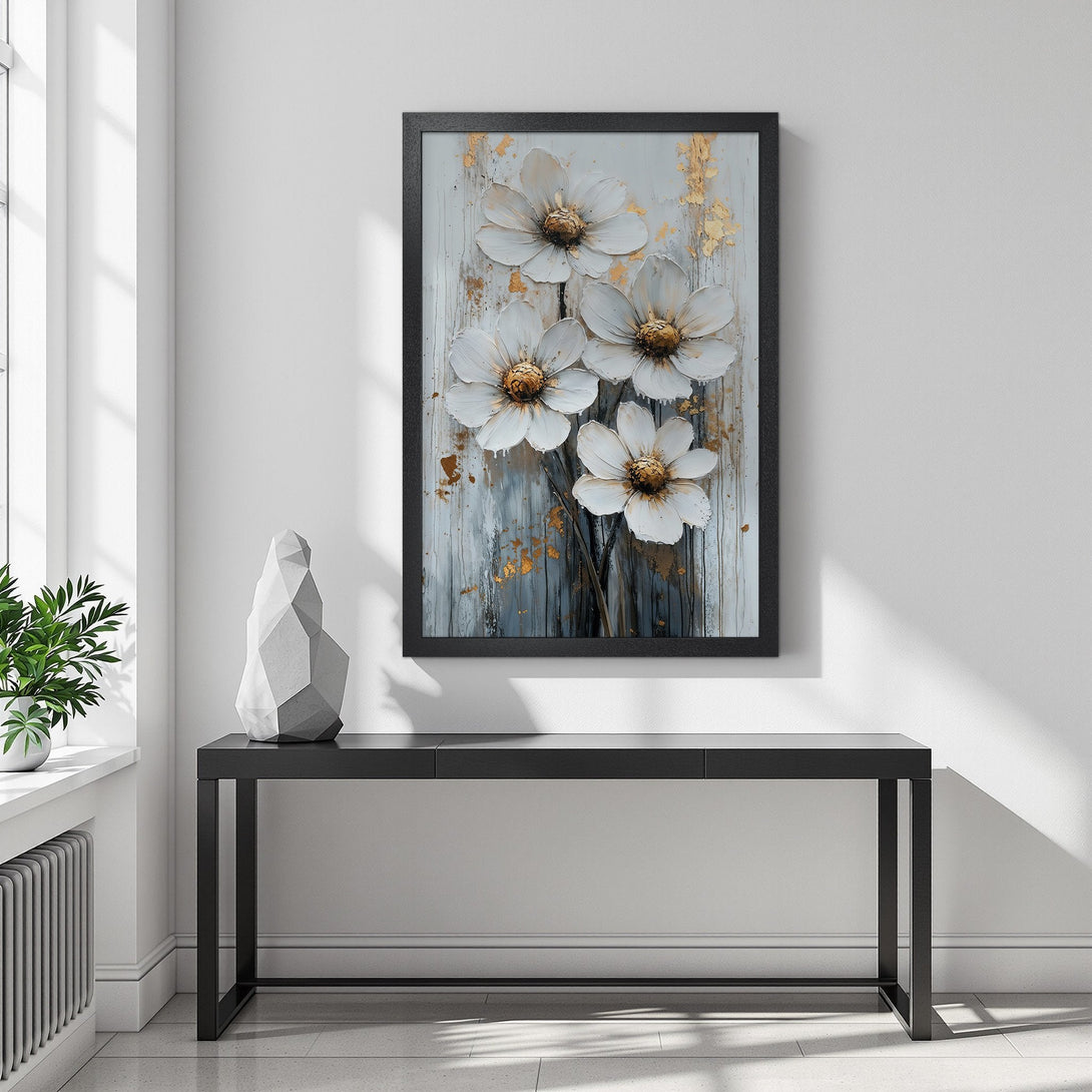 Framed Poster featuring white floral art with gold accents. Modern style, neutral color palette. Perfect wall decor.
