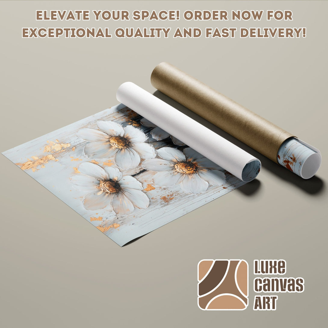 Poster Roll of floral art in soft blue, white, and gold tones. Elevate your space with this beautiful poster!