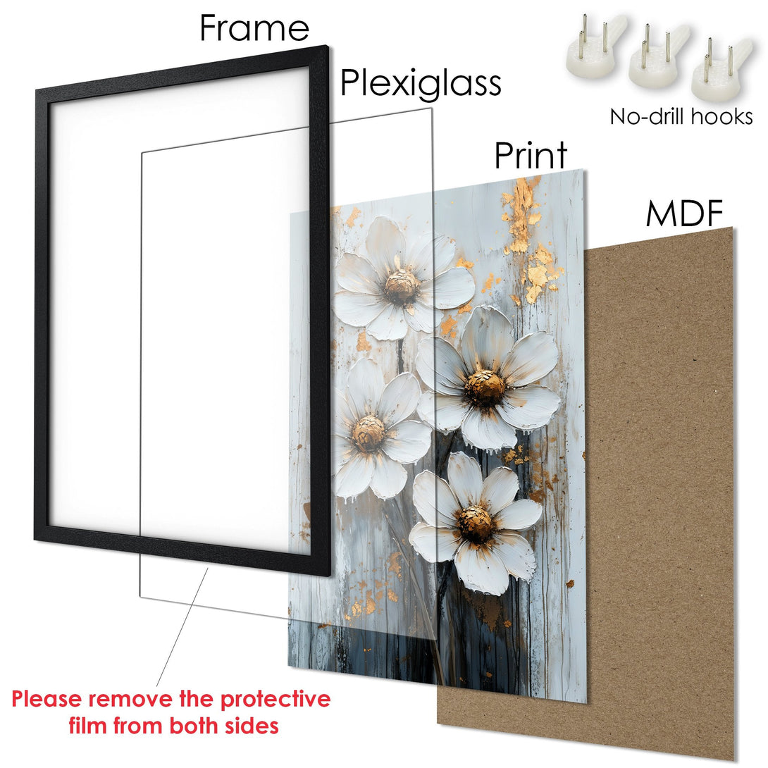 Framed Poster featuring white floral art with gold accents on a gray and brown background. Modern style, perfect wall decor.