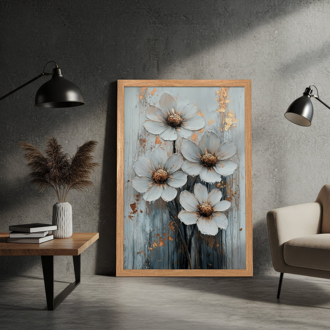 Framed Poster featuring white flower art with gold accents, a modern style, and a neutral color palette. Perfect wall decor.