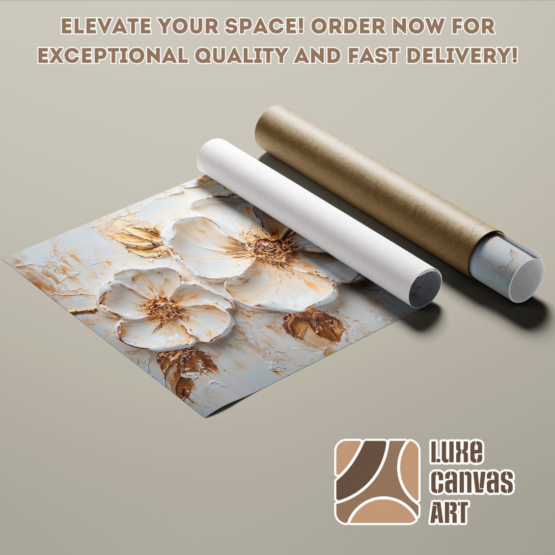 Floral art poster roll, textured style, gold, white, and neutral palette. Order now!