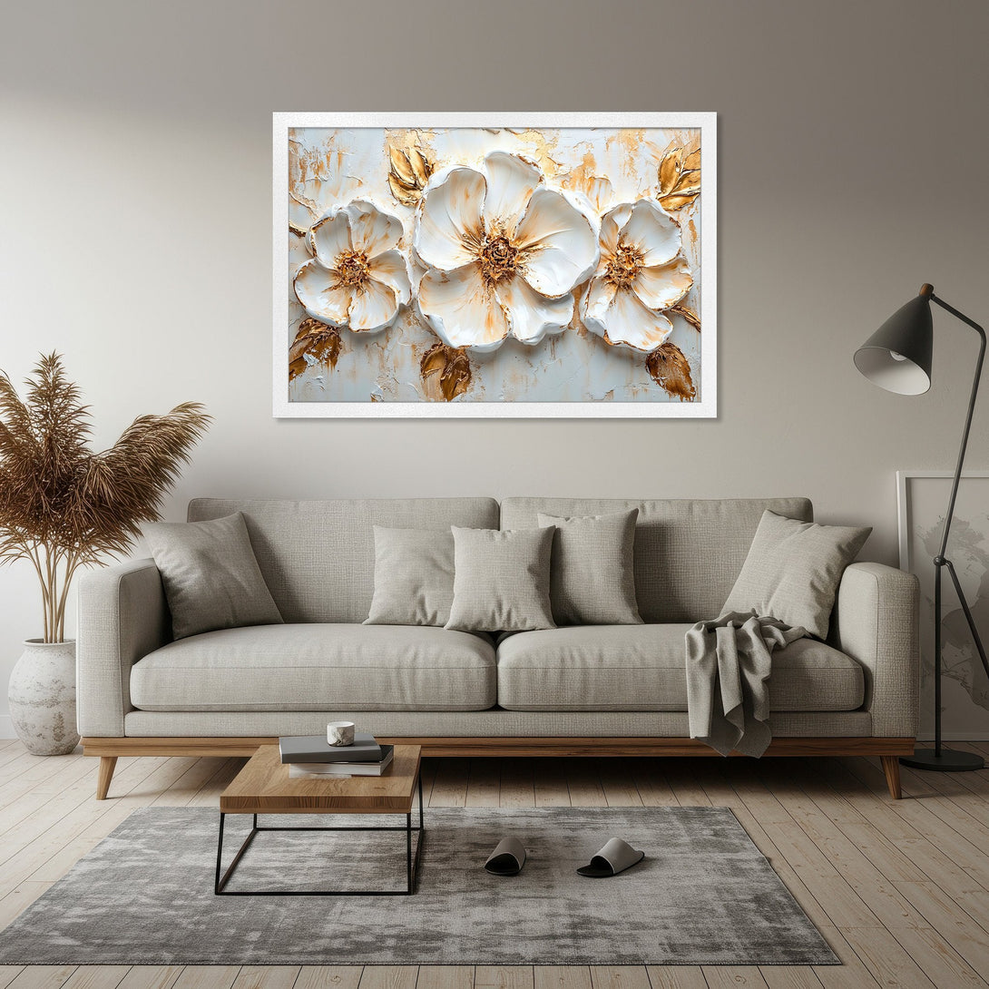 Framed Poster featuring textured white and gold floral art, perfect for adding a touch of elegance to your home decor.