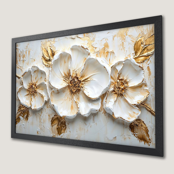 Framed Poster featuring white and gold floral art, a textured, modern style with a neutral color palette.