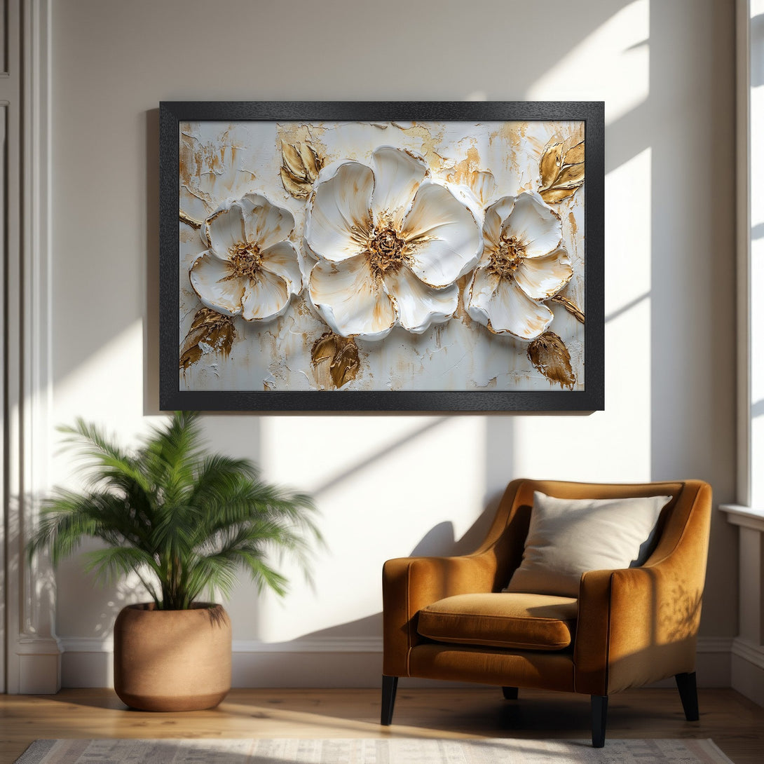 Framed Poster featuring elegant white and gold floral art. Textured style with a neutral color palette, perfect for home decor.
