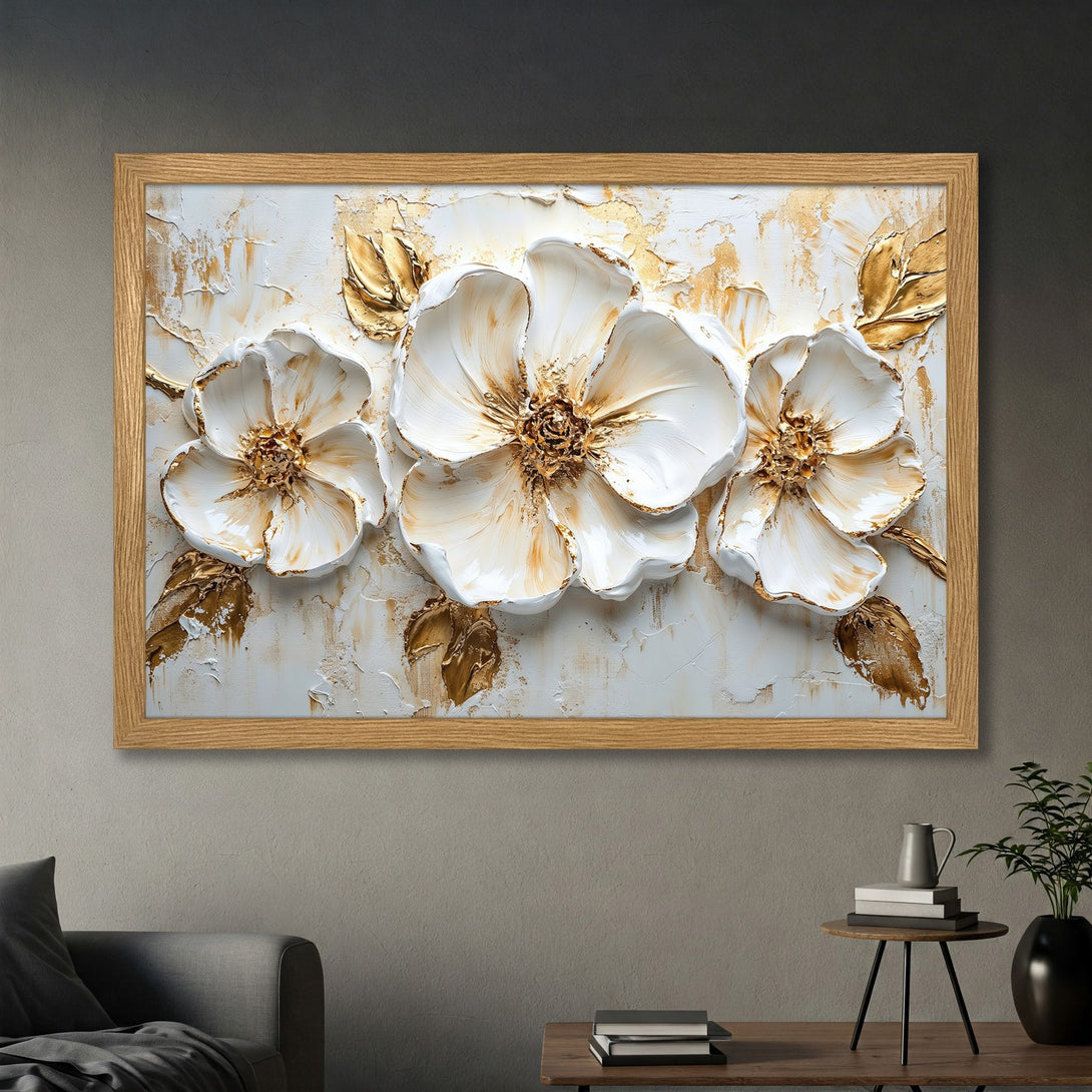 Framed Poster of white and gold floral art, textured style, neutral color palette, perfect wall decor.