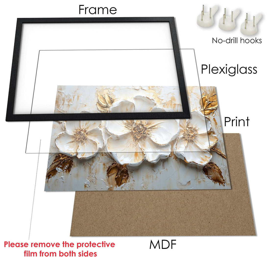 Framed Poster featuring elegant white floral artwork with gold accents, perfect for home decor. Neutral color palette.