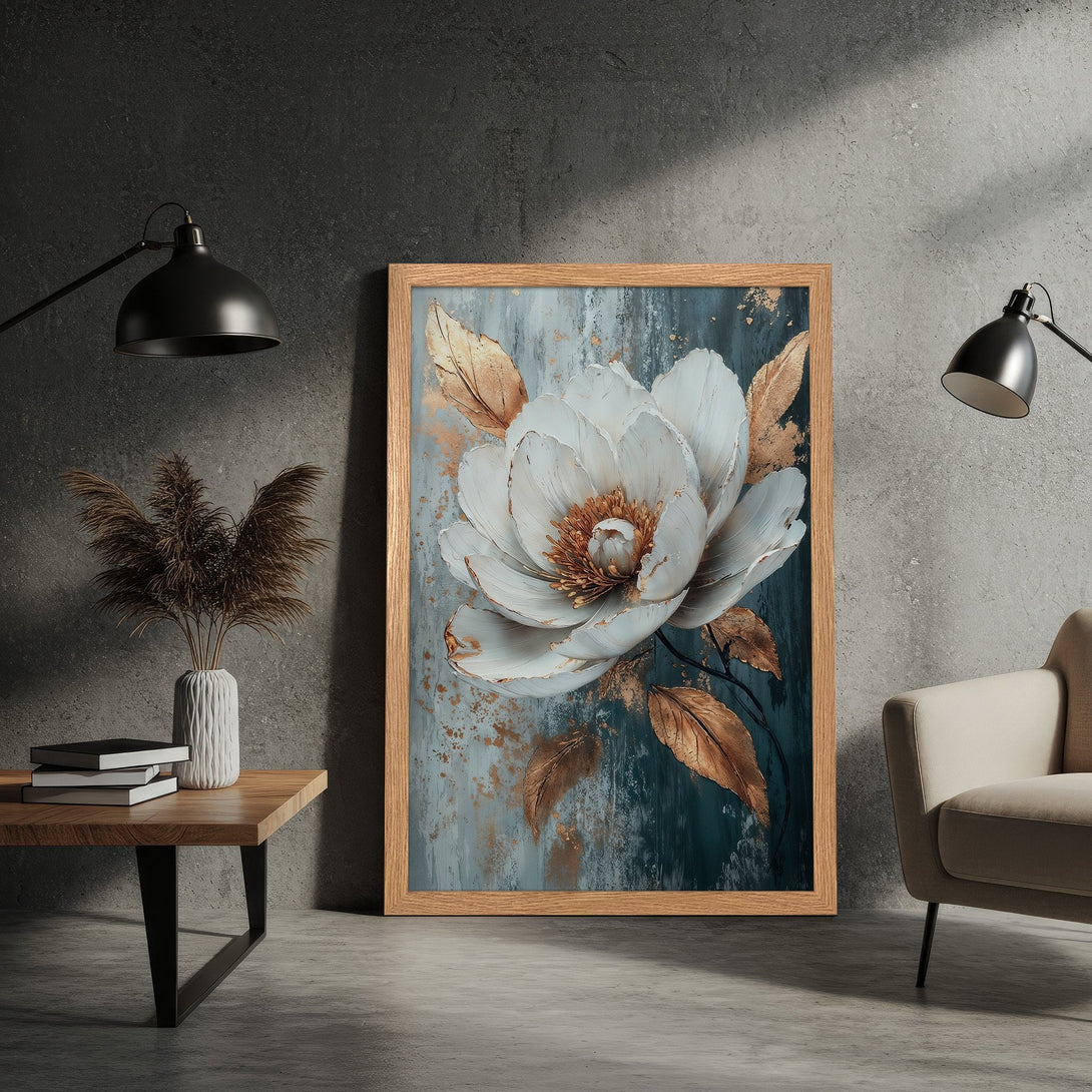 Framed Poster featuring a white floral artwork with gold accents. Modern style, teal and gold color palette, perfect for home decor.