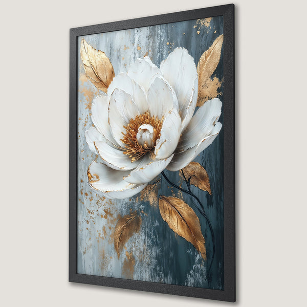 Framed Poster featuring a white floral design with gold accents on a teal and gray background. Elegant wall art.