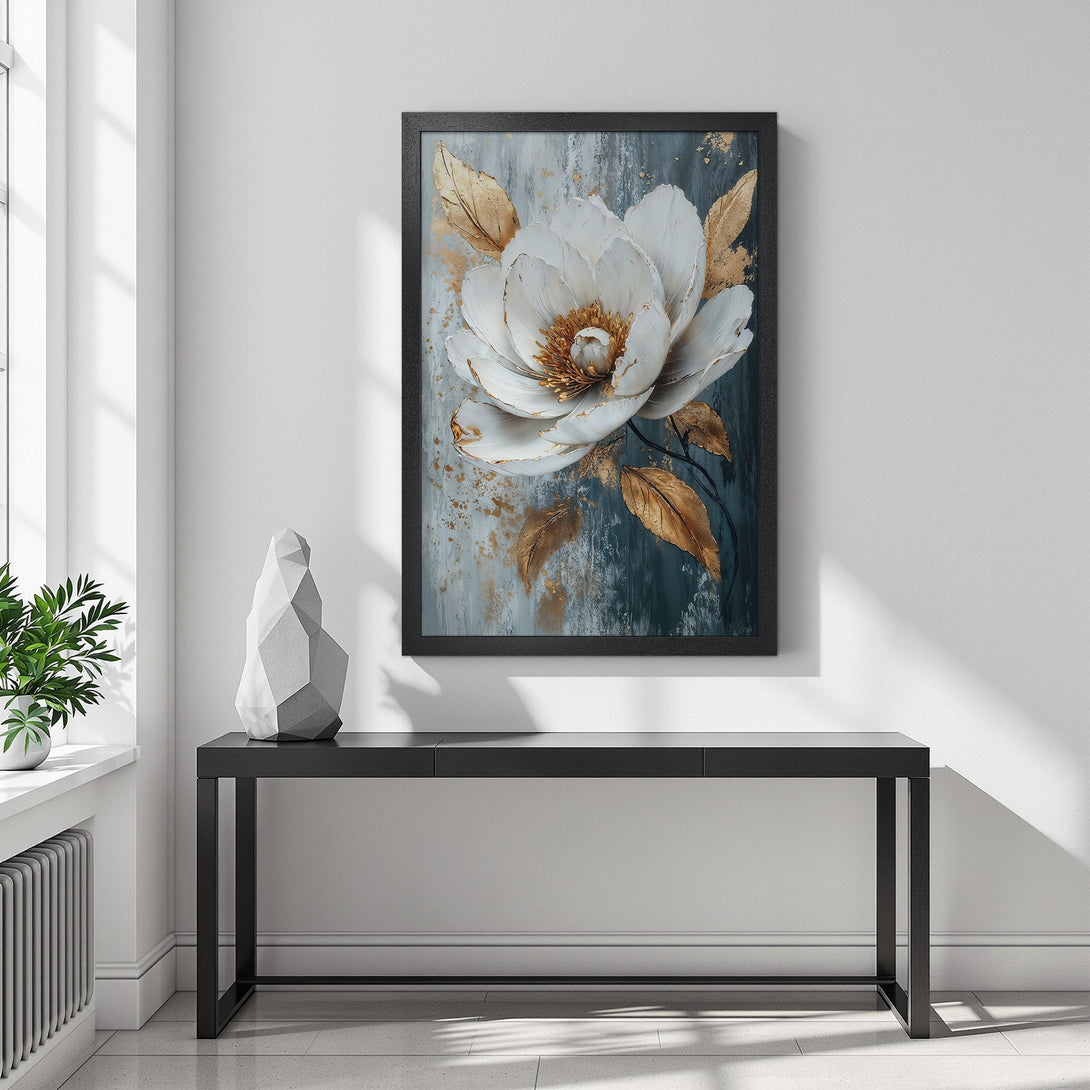 Framed Poster featuring a white flower with gold accents on a teal and grey background. Modern art for home decor.