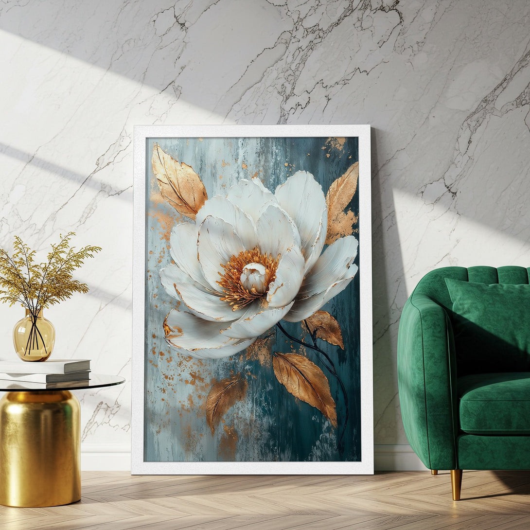 Framed Poster featuring a white floral design with gold accents, on a teal background. Elegant style, perfect for home decor.