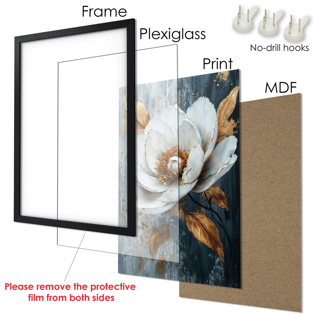 Framed Poster featuring a white floral design with gold accents on a dark teal background. Modern art style, elegant decor.