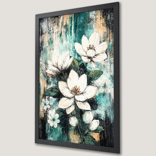 Framed Poster featuring white floral art with teal, black and beige abstract background. Modern wall decor for your home.