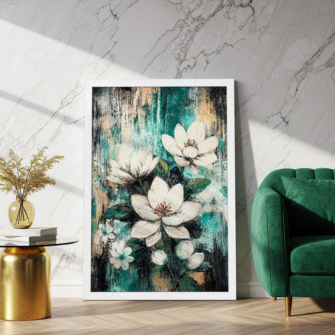 Framed Poster featuring elegant white floral art with teal and gold accents, perfect for modern home decor.