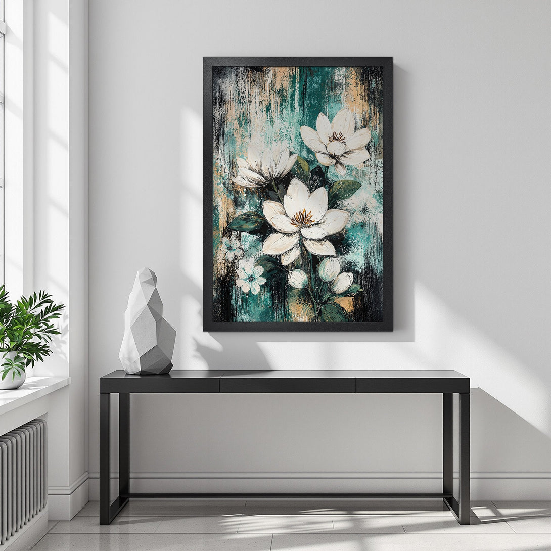 Framed Poster featuring white floral art with a teal and beige background, perfect for home decor.