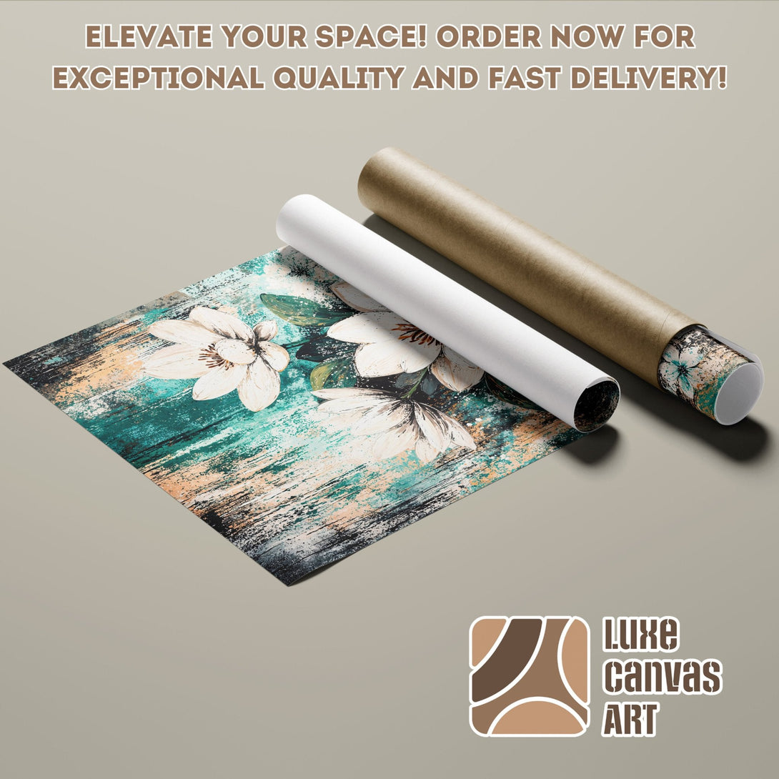 Floral Poster Roll with teal and beige abstract art. Elevate your space with Luxe Canvas Art!