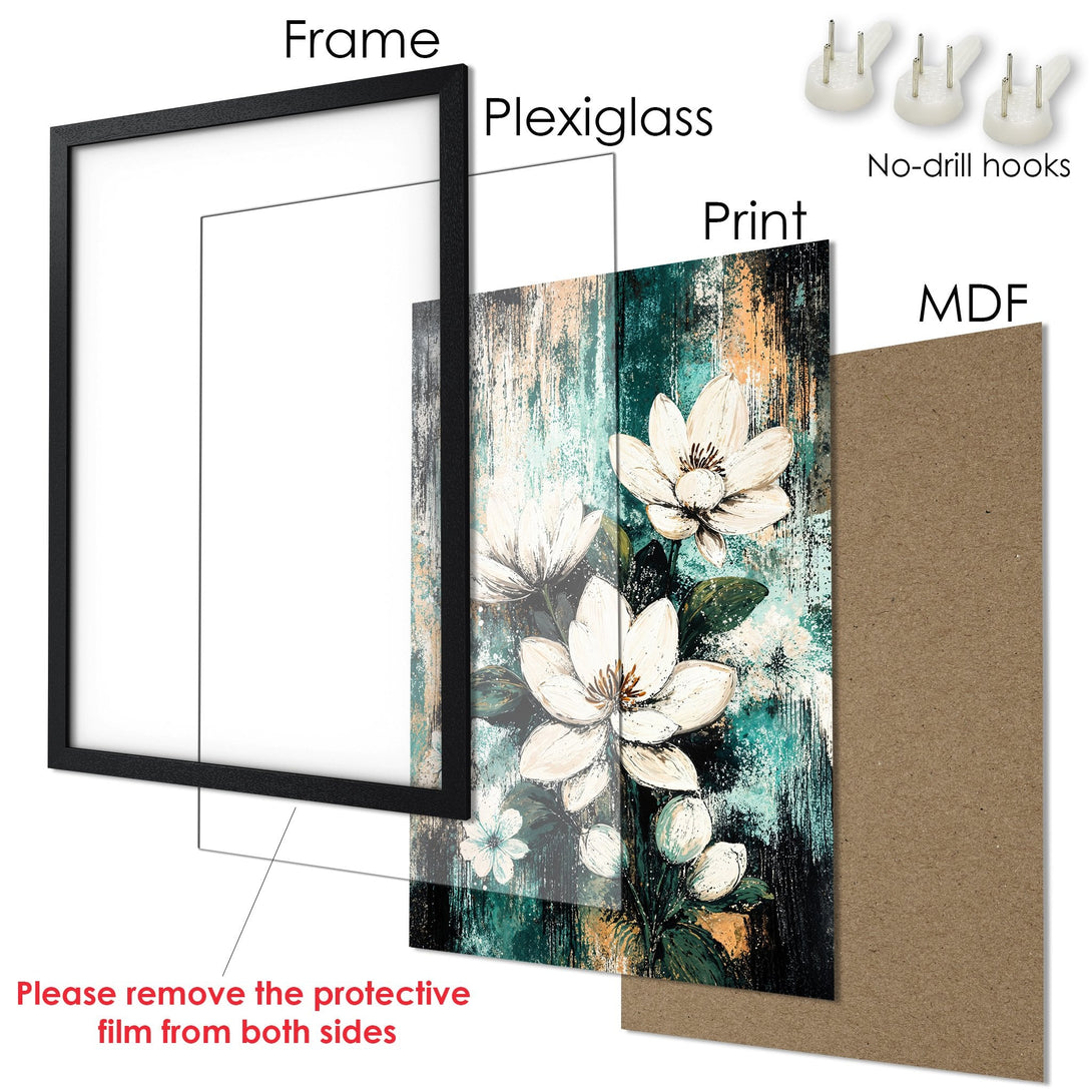 Framed Poster featuring white floral art in a teal, green, and brown palette. Modern art style, ready to hang.