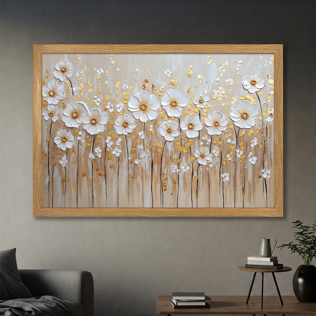 Framed Poster featuring white floral art with gold accents. Neutral color palette, perfect for home decor. Shop now!
