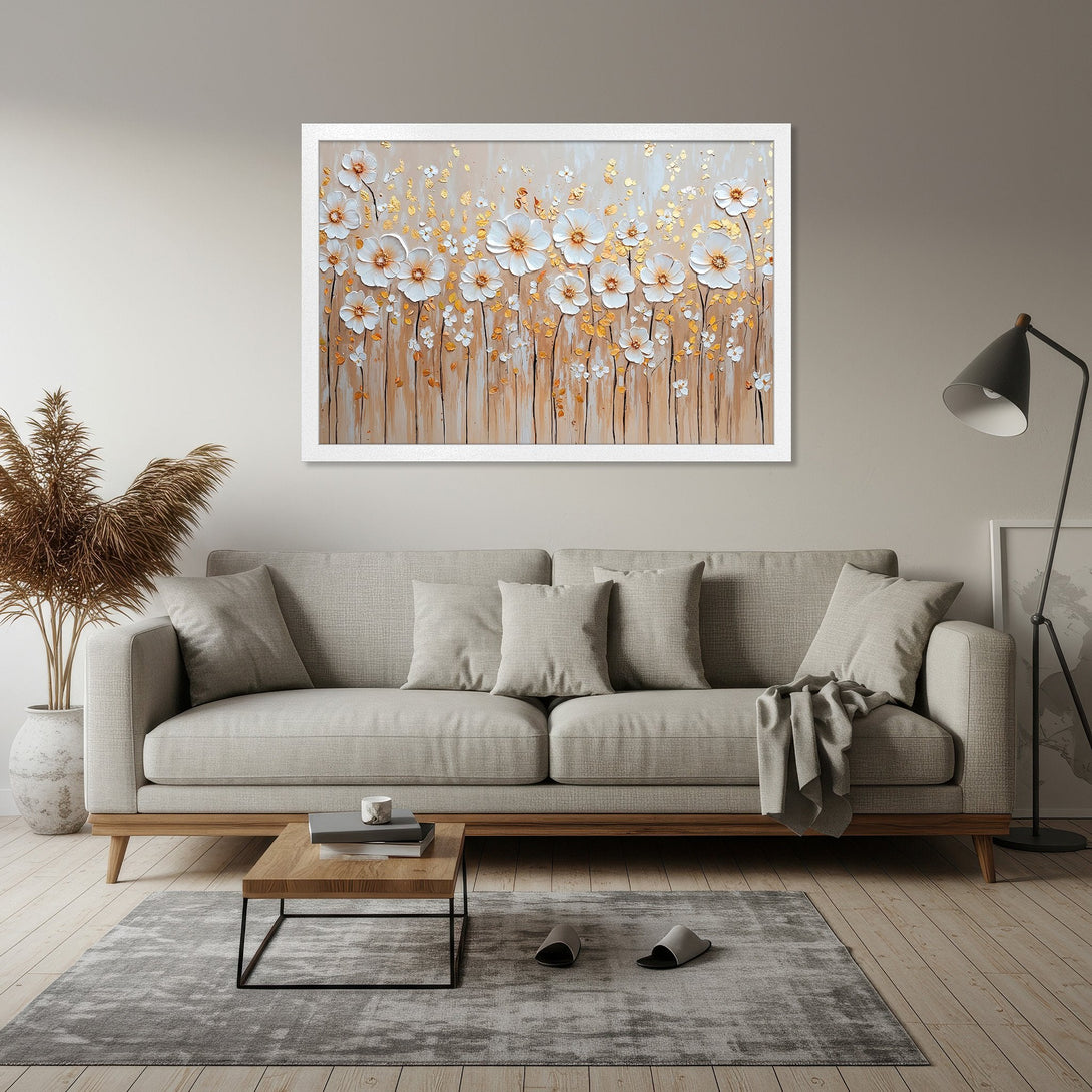 Framed Poster featuring floral art in a neutral color palette. Modern style with white flowers and gold accents, perfect for home decor.