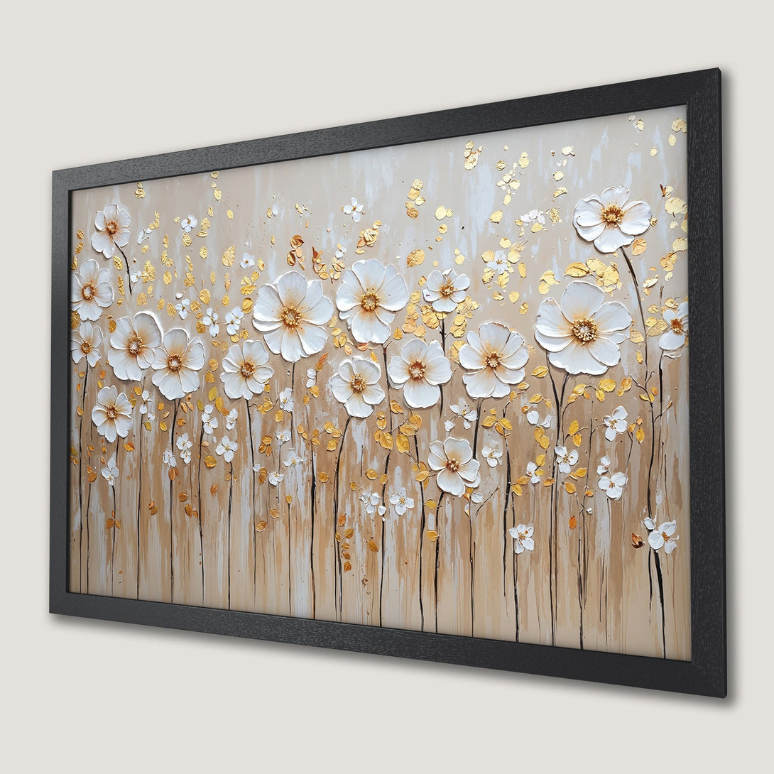Framed Poster featuring white floral art with gold accents, neutral color palette.