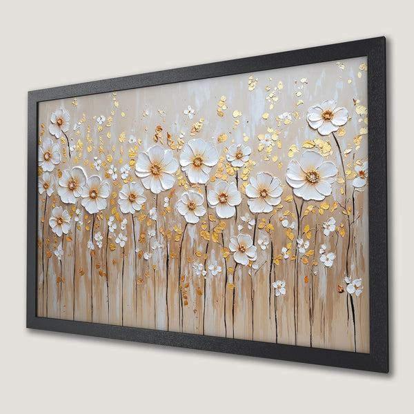 Framed Poster featuring white floral art with gold accents, neutral color palette.
