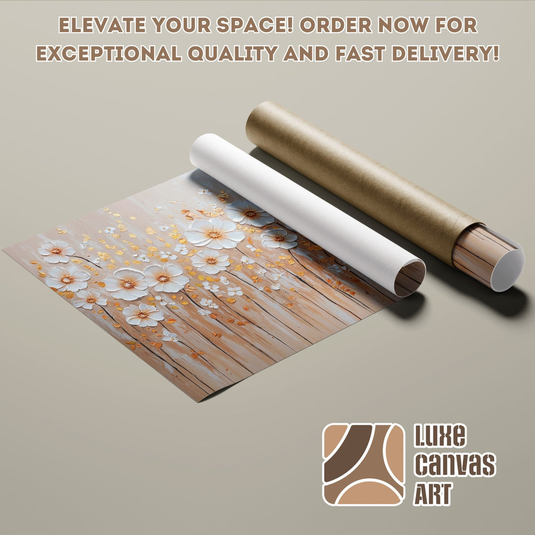 Floral Poster Roll art print, neutral tones with white and gold accents, perfect wall decor.