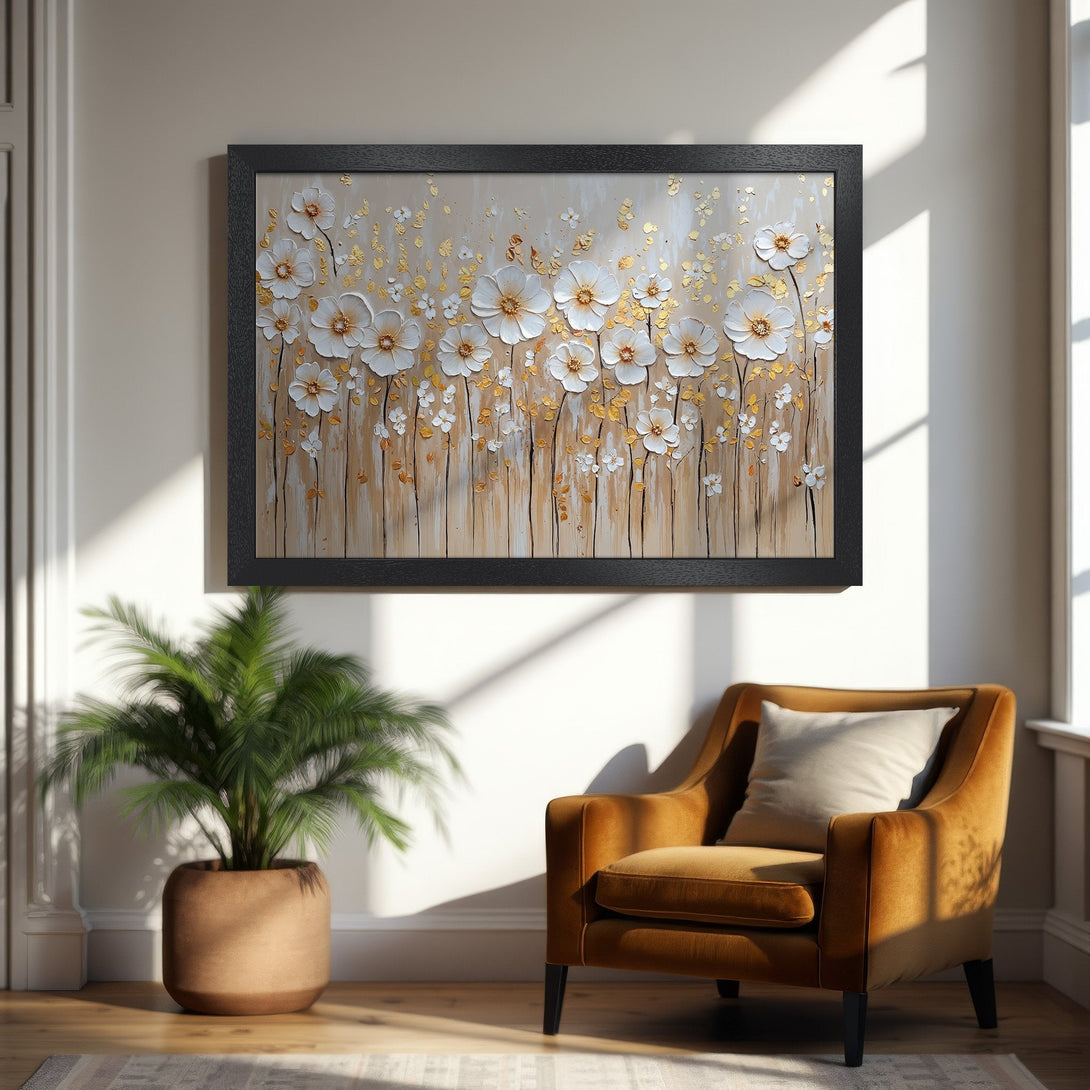 Framed Poster of white floral art with gold accents, neutral beige tones, and a touch of elegance. Perfect wall decor!