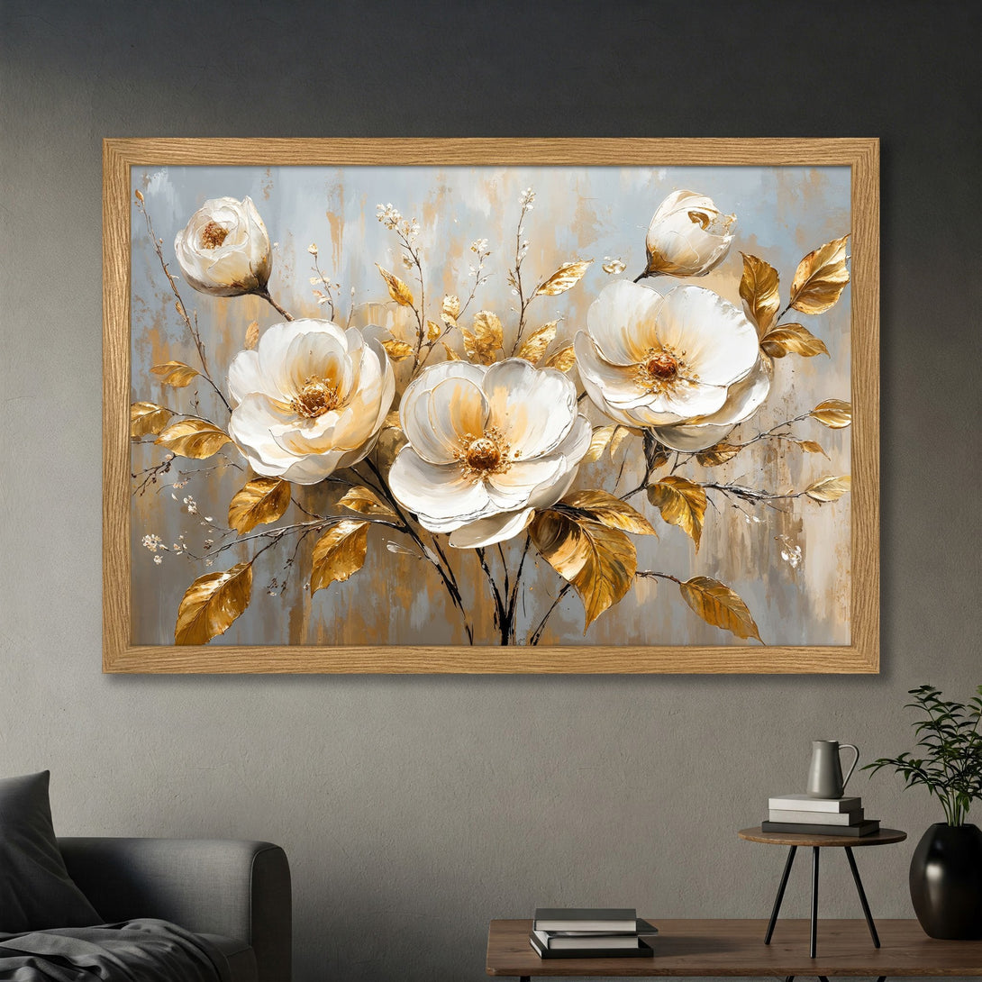 Framed Poster featuring elegant white flowers with gold accents, painted in a modern style with a neutral color palette. Perfect wall art!