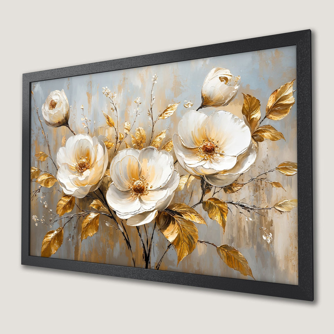 Framed Poster featuring elegant white floral art with gold accents on a neutral background. Perfect for adding a touch of luxury.