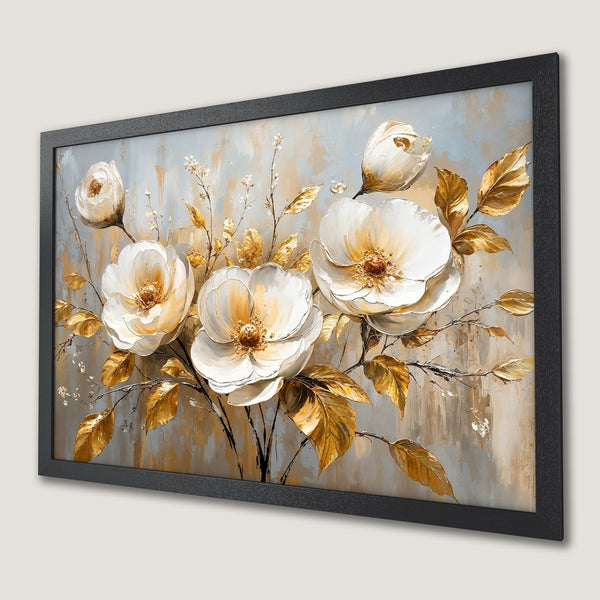 Framed Poster featuring elegant white floral art with gold accents on a neutral background. Perfect for adding a touch of luxury.